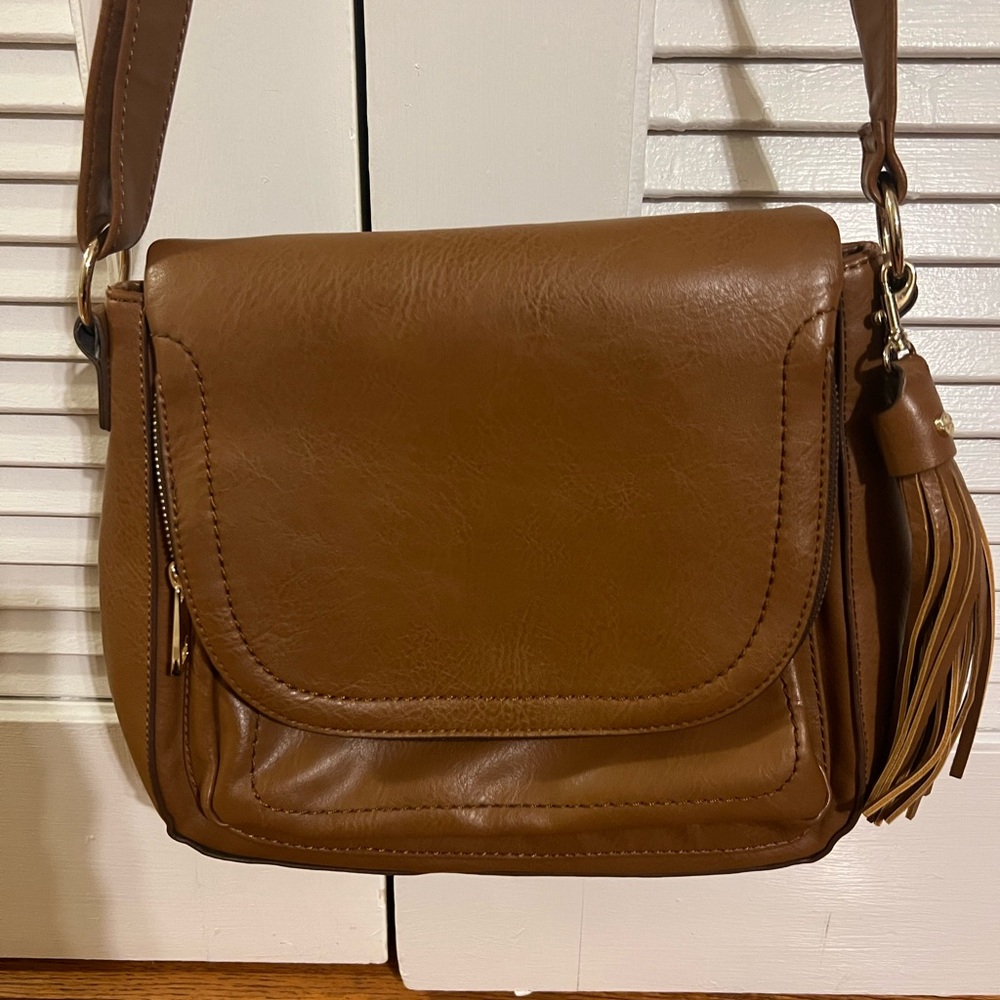 Brown/Tan Fake Leather Crossbody Bag with Fringe Removable Key Chain